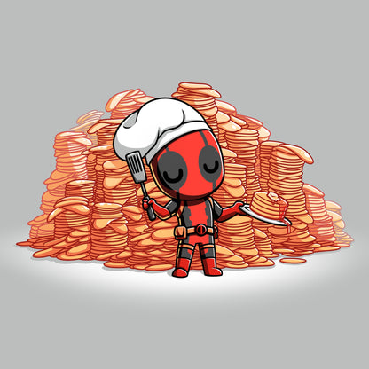 Licensed Marvel "Deadpool Loves Pancakes" t-shirt featuring the anti-hero in front of a pile of pancakes.