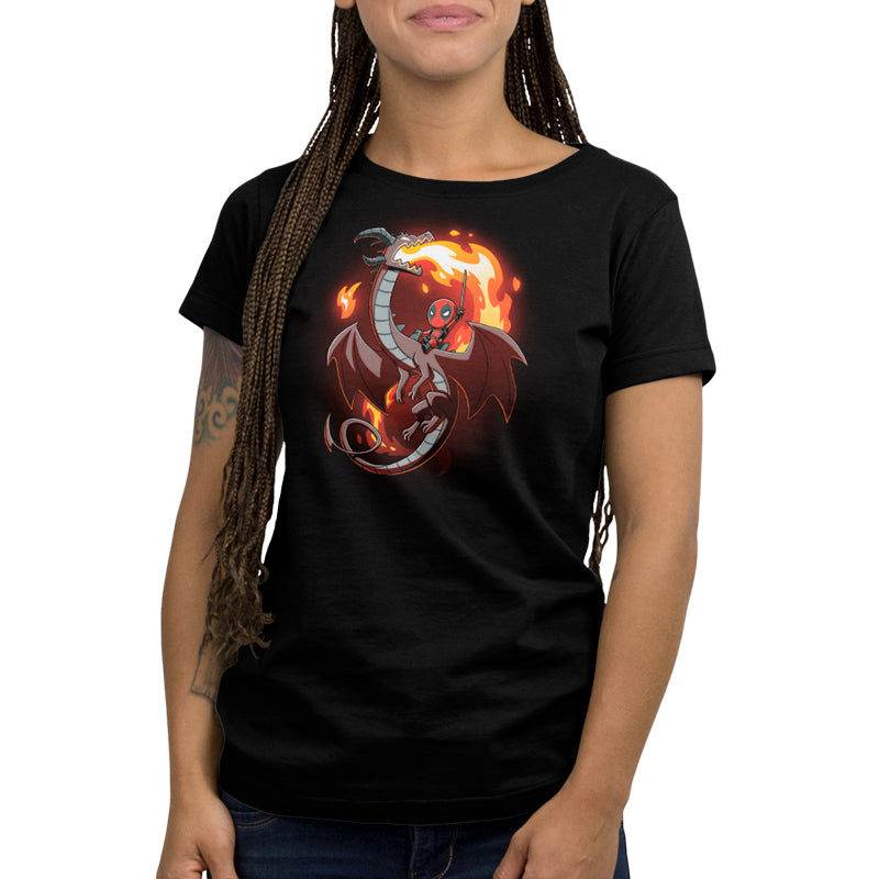 A woman wearing an officially licensed Marvel Deadpool On a Dragon T-shirt.