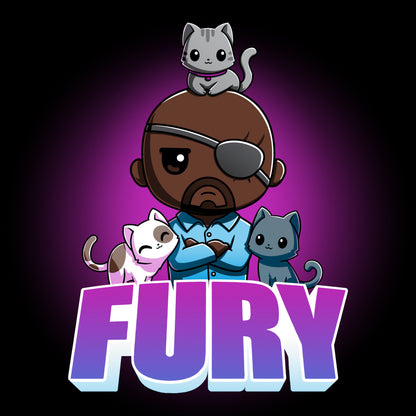 Nick Fury is a cartoon character with a cat on his head, featured on an officially licensed "Fury" T-shirt by The Marvels.