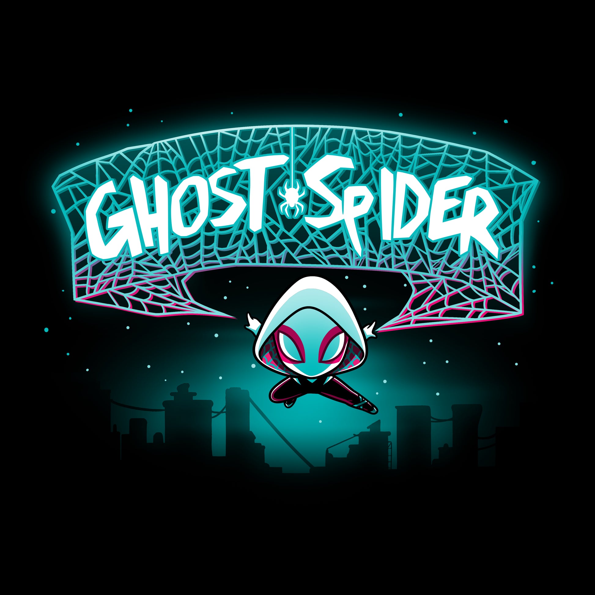 A neon Ghost-Spider logo featuring a city in the background on an officially licensed Marvel T-shirt.