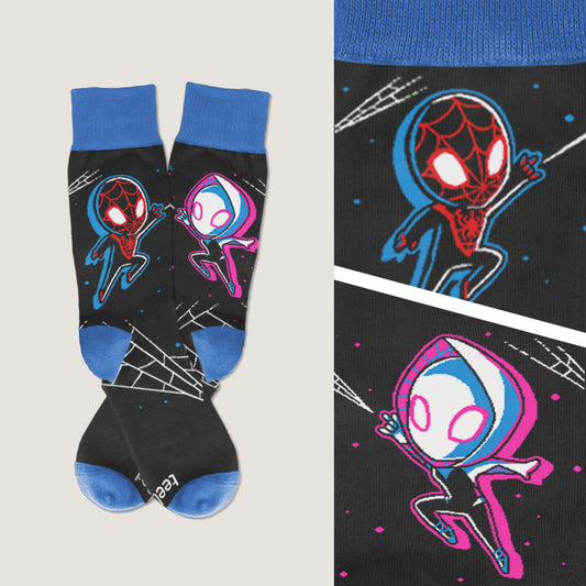 Officially licensed Marvel Spider-Man and Spider-Woman Miles & Gwen Socks. These One Size Fits All Socks are perfect for fans of the iconic superheroes.