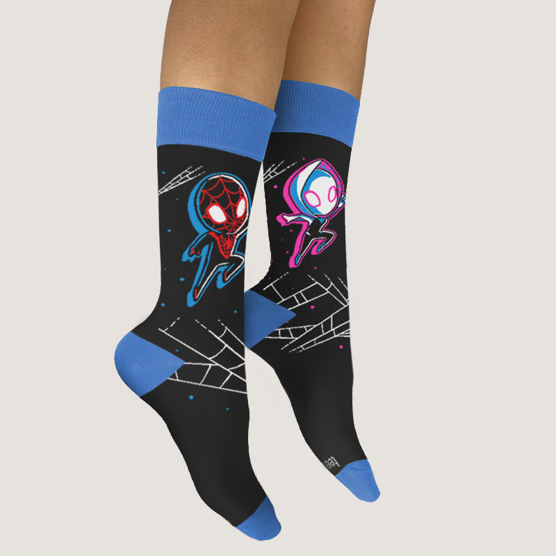 A pair of officially licensed Marvel socks with Spider-Man and Spider-Woman printed on them.