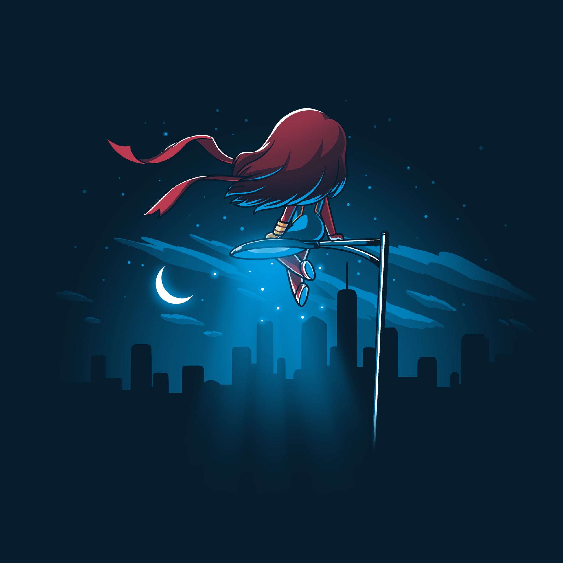 An officially licensed Ms. Marvel T-shirt featuring Ms. Marvel's City View riding a bike on a city street at night.