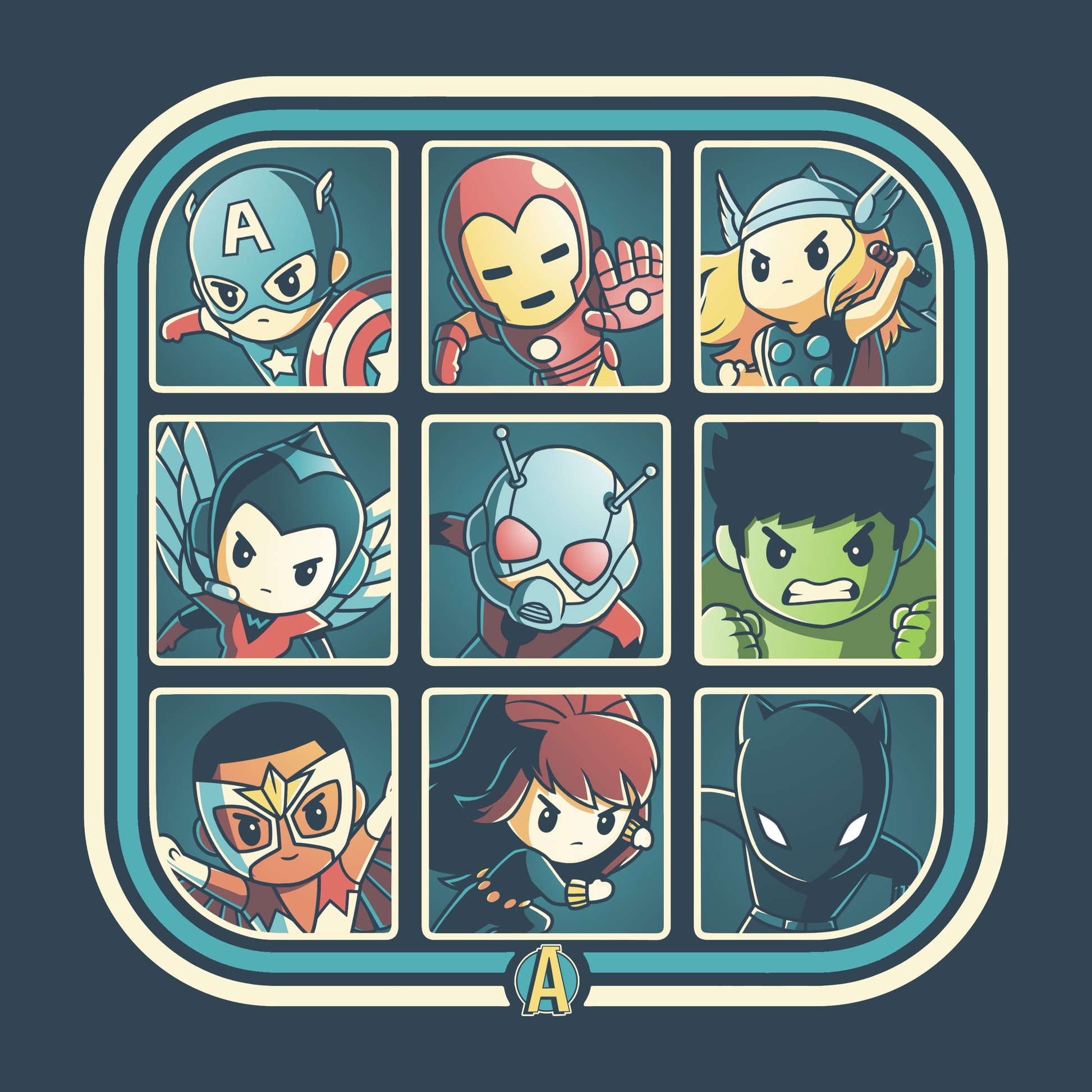 Officially licensed Retro Avengers characters in a classic square frame T-shirt by Marvel.