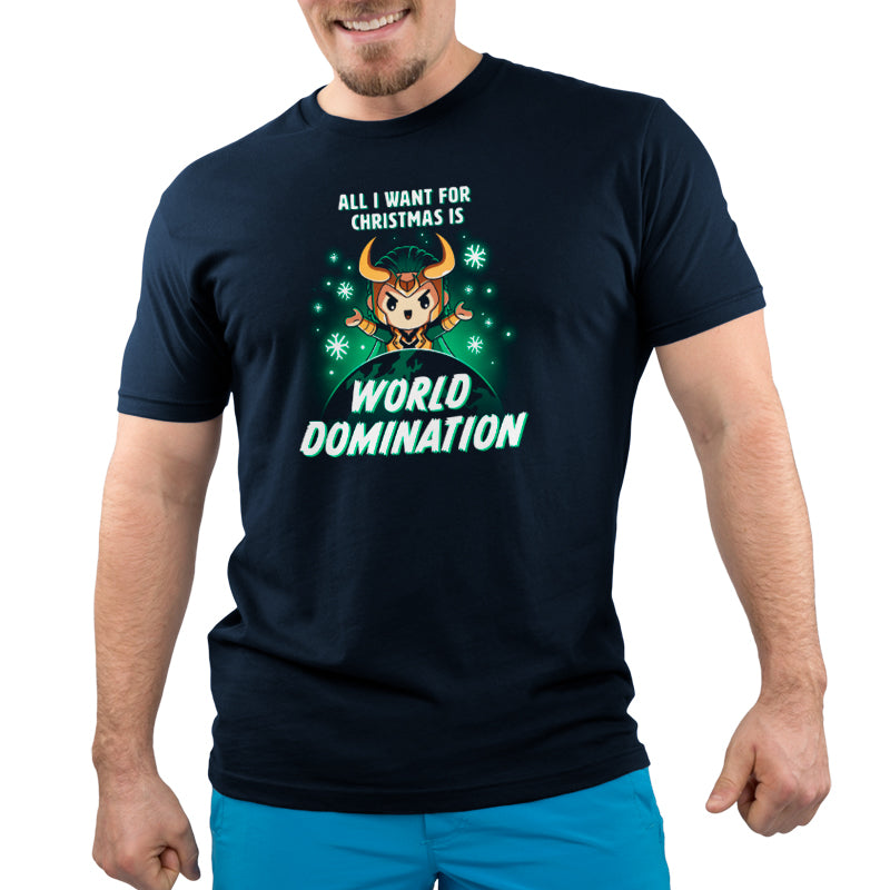 A man wearing a Marvel Loki-themed t-shirt featuring All I Want for Christmas Is World Domination.