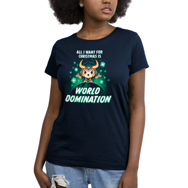 A woman wearing a T-shirt from Marvel that says "All I Want for Christmas Is World Domination".