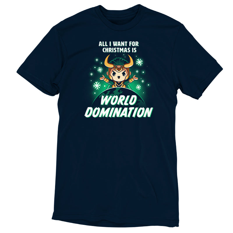 A Marvel Loki-inspired T-shirt that boldly proclaims "All I Want for Christmas Is World Domination".