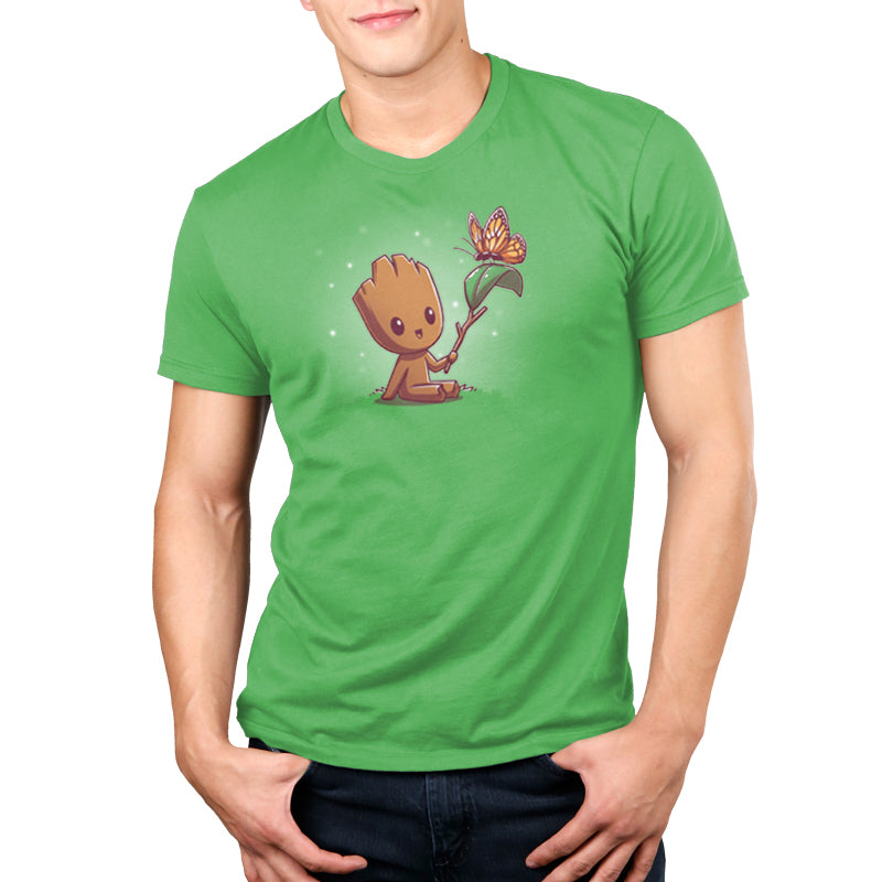 A man wearing an officially licensed Marvel Lil' Groot t-shirt spreading good vibes.