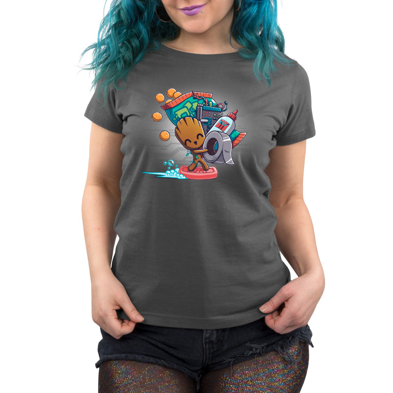An officially licensed Marvel women's t-shirt featuring the Crafting Groot design.
