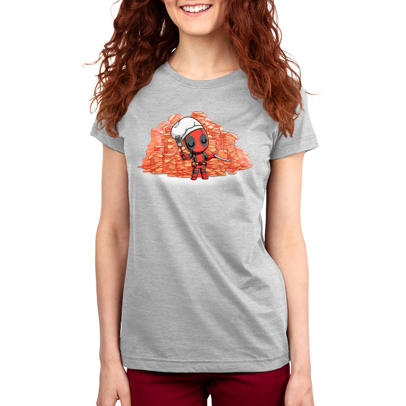 Deadpool Loves Pancakes officially licensed women's short sleeve t-shirt made of soft ringspun cotton by Marvel.