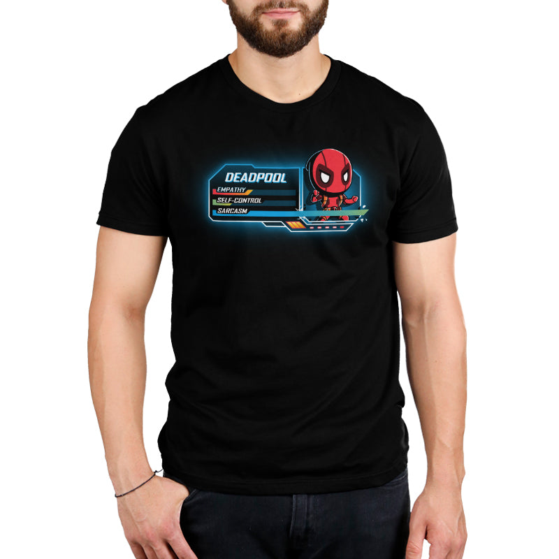 A man wearing an officially licensed Marvel Deadpool Stats t-shirt.