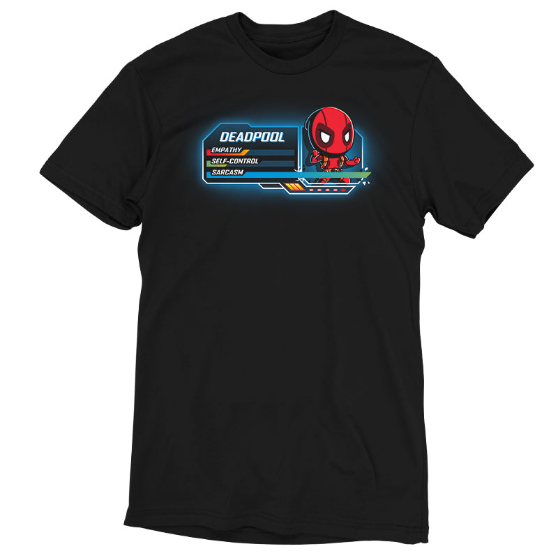 A Marvel Deadpool Stats-themed officially licensed black t-shirt.