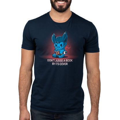 A man wearing an officially licensed blue Marvel t-shirt with the words 'do not read this book', resembles the Beast from X-Men.