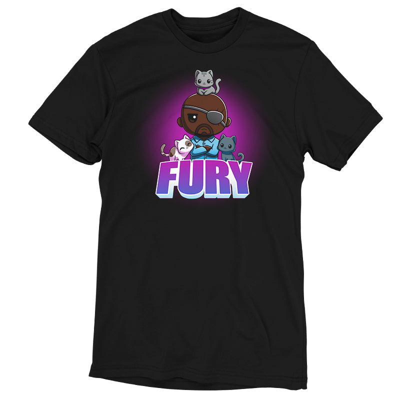 An officially licensed black t-shirt featuring the word Fury brought to you by The Marvels.