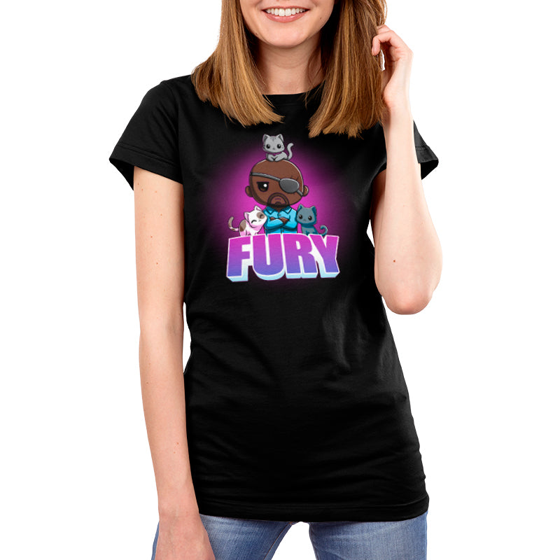 An officially licensed women's T-shirt featuring the iconic word "Fury" inspired by Nick Fury from The Marvels.