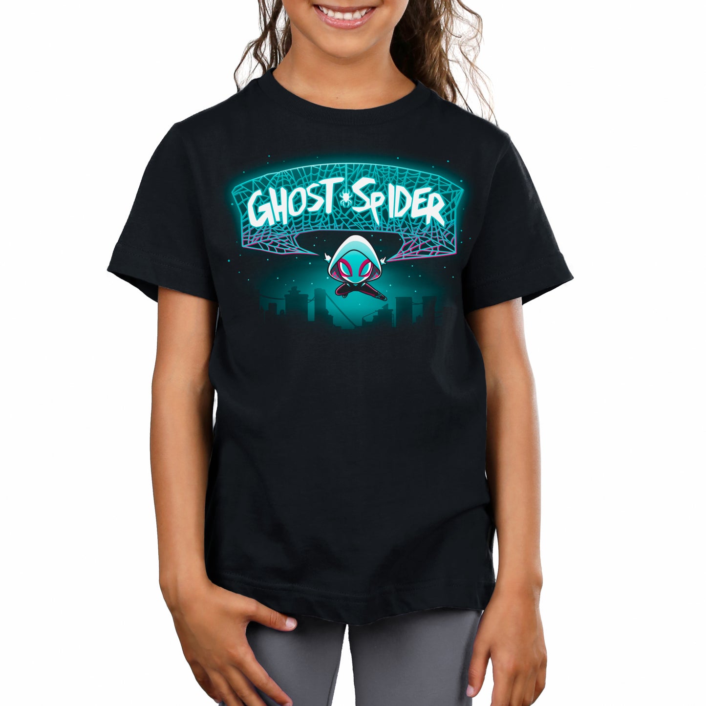 A girl wearing an officially licensed Marvel Ghost-Spider T-shirt.
