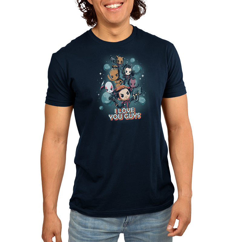 A man wearing an officially licensed Guardians of the Galaxy 3 t-shirt, I Love You Guys.
