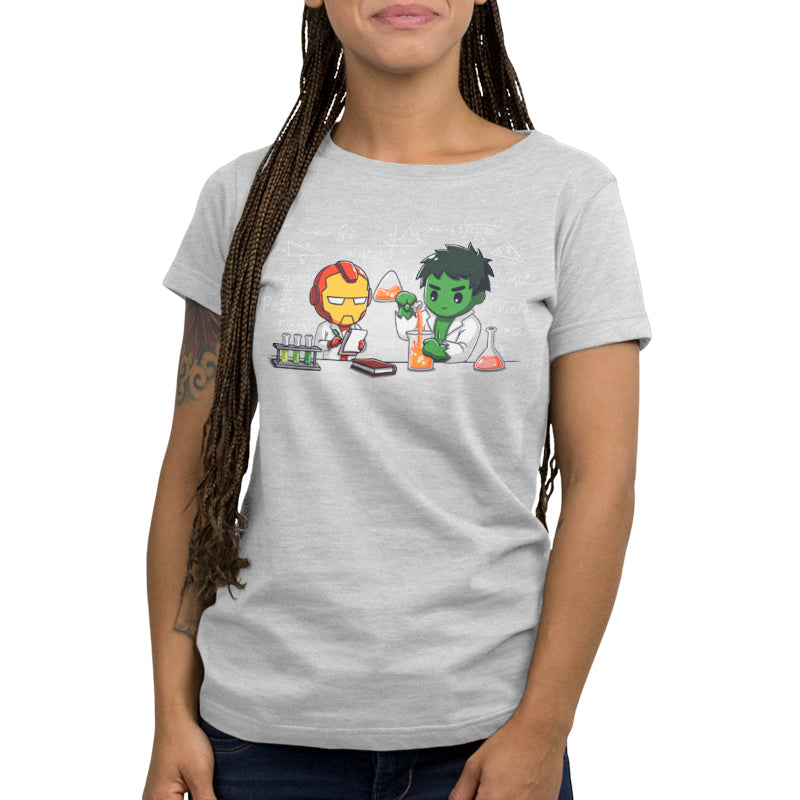 The women's Marvel t-shirt featuring Iron Man and Hulk's Science Lab.