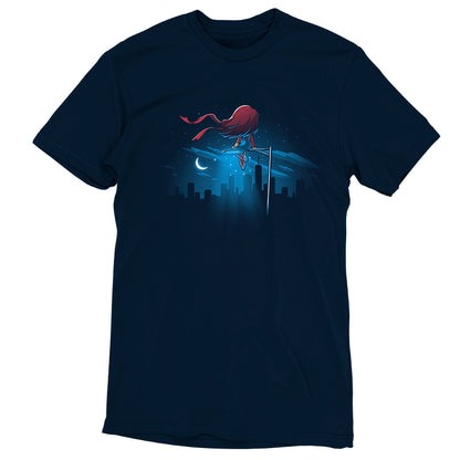 A officially licensed Ms. Marvel's City View t-shirt with an image of Spiderman flying over a city.
