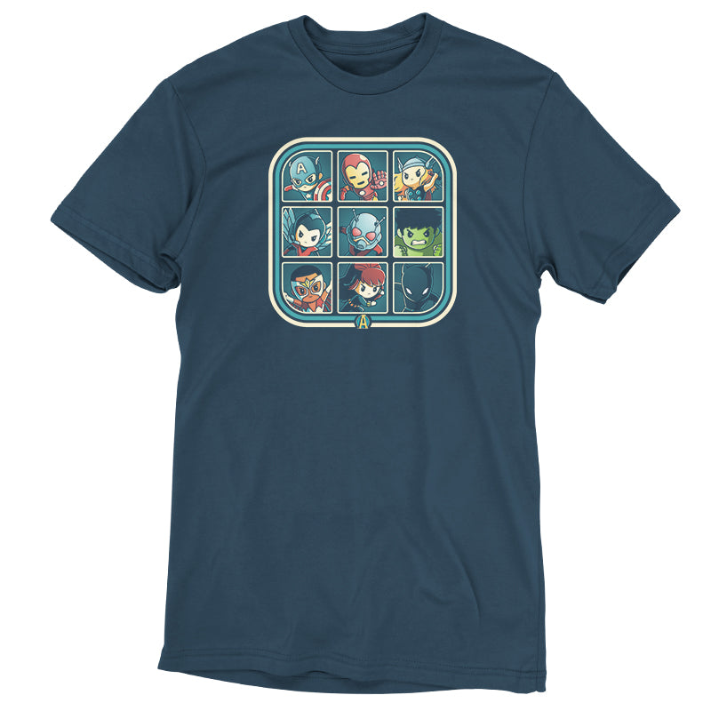 A classic blue Retro Avengers T-shirt with officially licensed characters by Marvel.