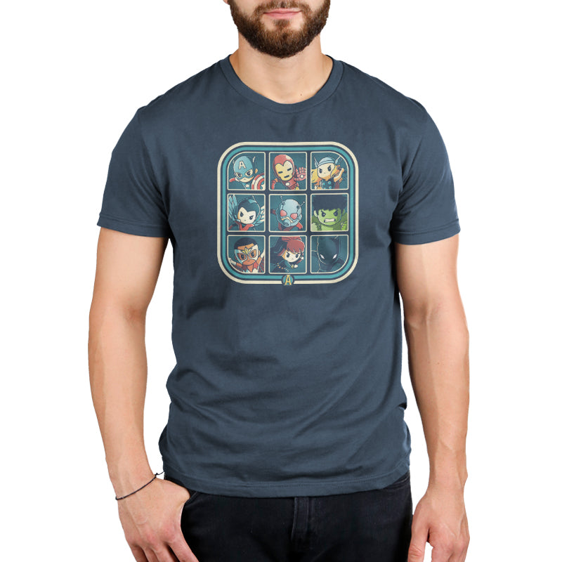 A classic men's T-shirt with an image of a group of people featuring the Retro Avengers by Marvel.