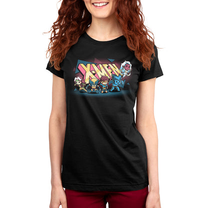 A women's black t-shirt with Retro X-Men officially licensed Marvel cartoon character design.