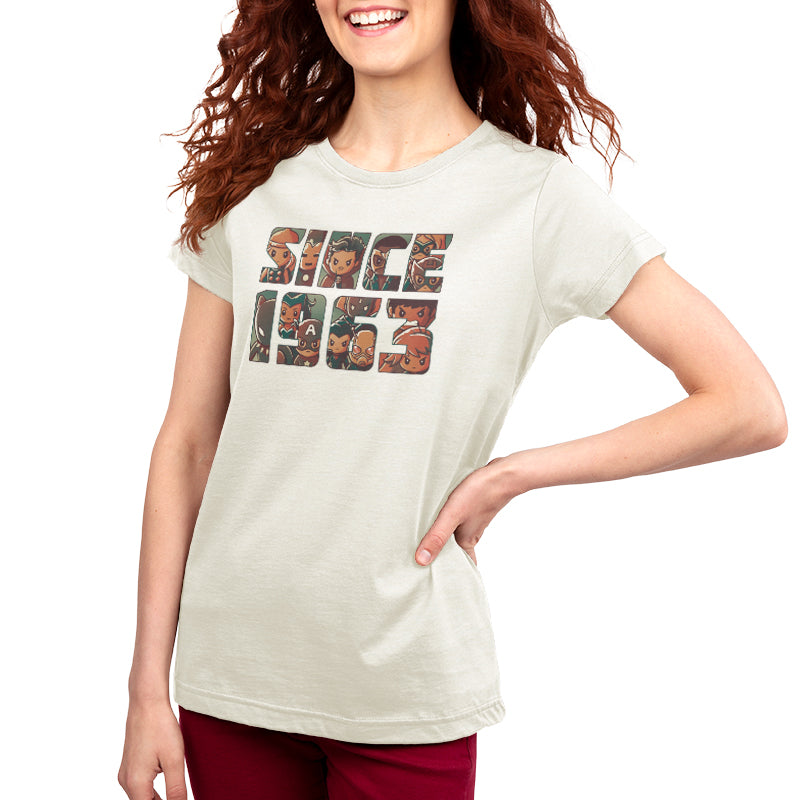 A woman wearing an officially licensed Marvel T-shirt called "Since 1963".