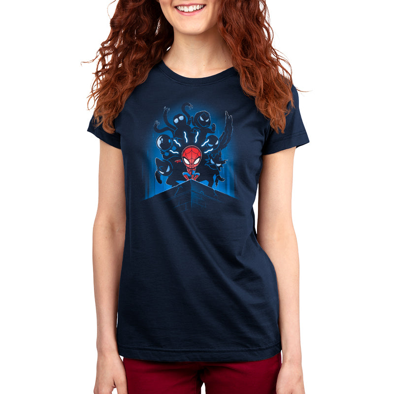 A woman wearing an officially licensed Marvel Spider-Man and the Sinister Six t-shirt.