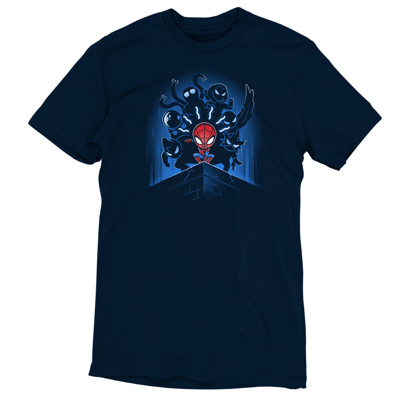 An officially licensed "Spider-Man and the Sinister Six" t-shirt featuring the Marvel superhero sitting on a throne.