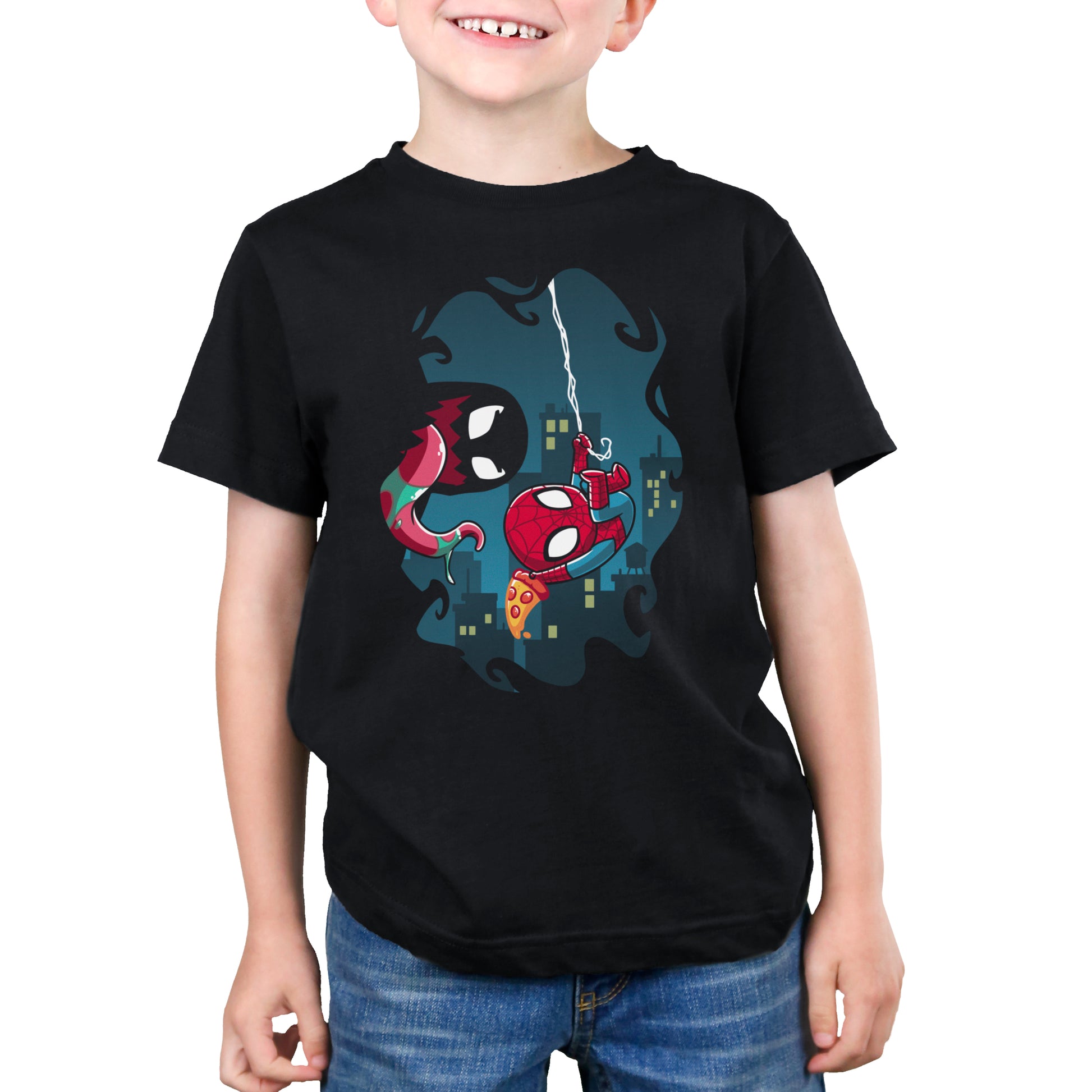A boy wearing an officially licensed Marvel Symbiote Snack black t-shirt with Spider-Man on it, ready to protect the city.