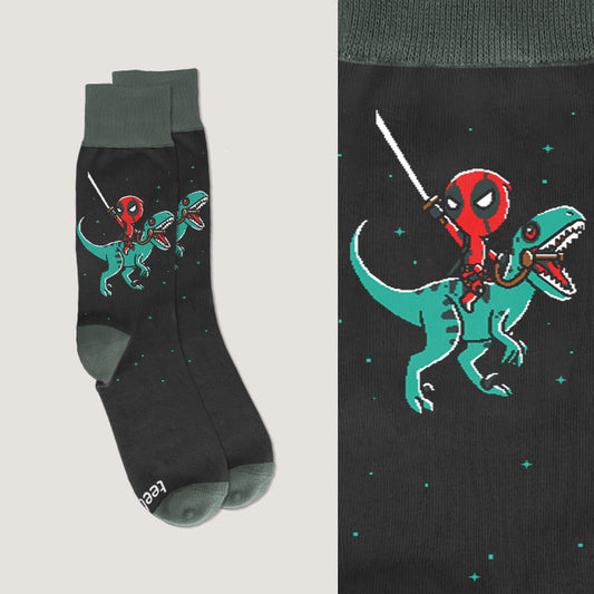 Officially licensed Marvel Deadpool on a Raptor socks, featuring a T-rex design that ensures one size fits all for maximum comfort and fit.