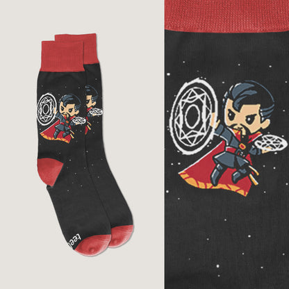 A pair of officially licensed Marvel Master of the Mystic Arts socks with a cartoon character on them.