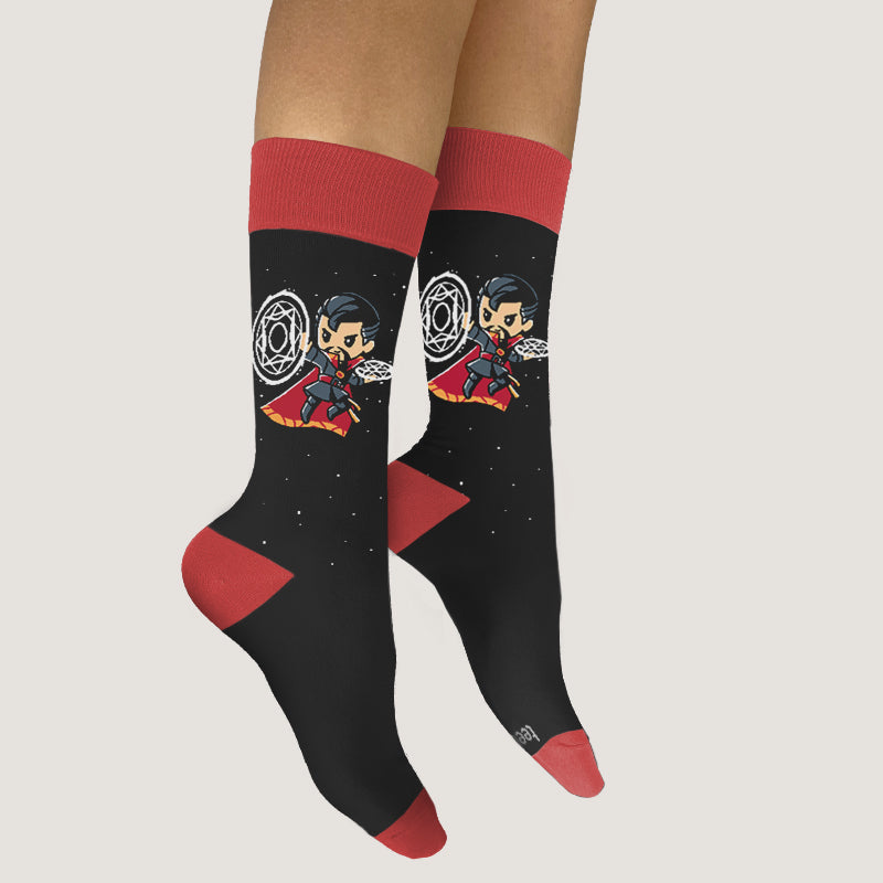 Officially licensed Marvel Master of the Mystic Arts Socks, black and red with a cartoon character, one size fits all.