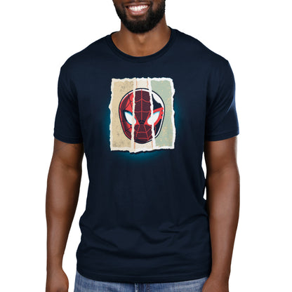 A man wearing an officially licensed Marvel Spider-Man Faces T-shirt.