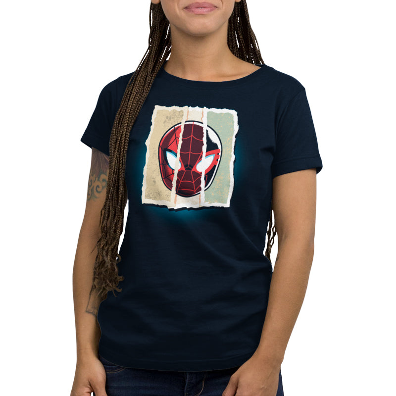 A woman wearing an officially licensed Marvel Spider-Man Faces t-shirt.