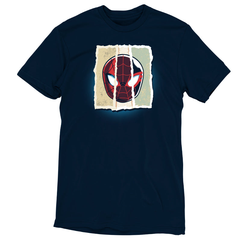 An Officially licensed Marvel Spider-Man Faces mask on a blue T-shirt.