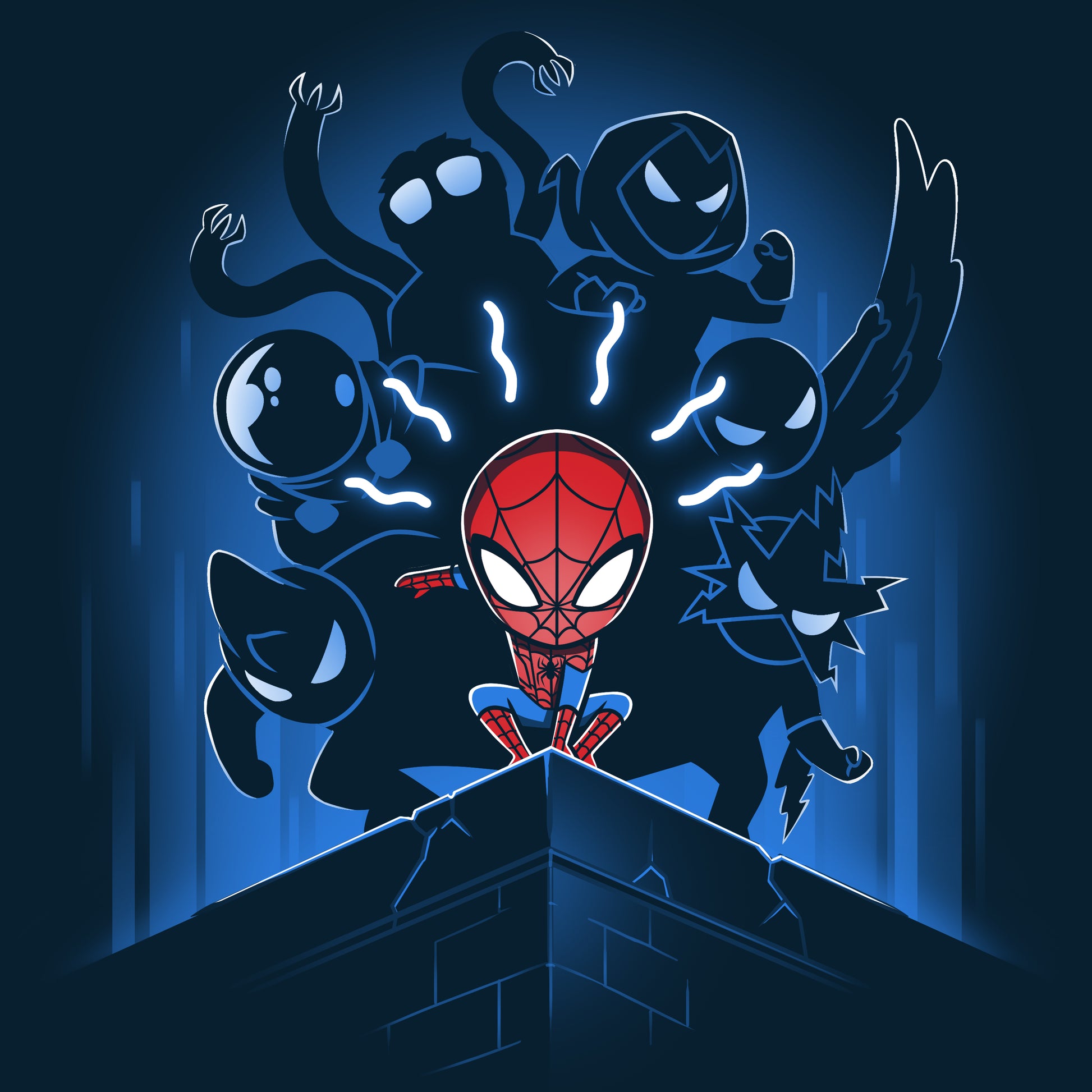 Officially licensed Spider-Man and the Sinister Six T-shirt worn by a group of friends on a cliff.