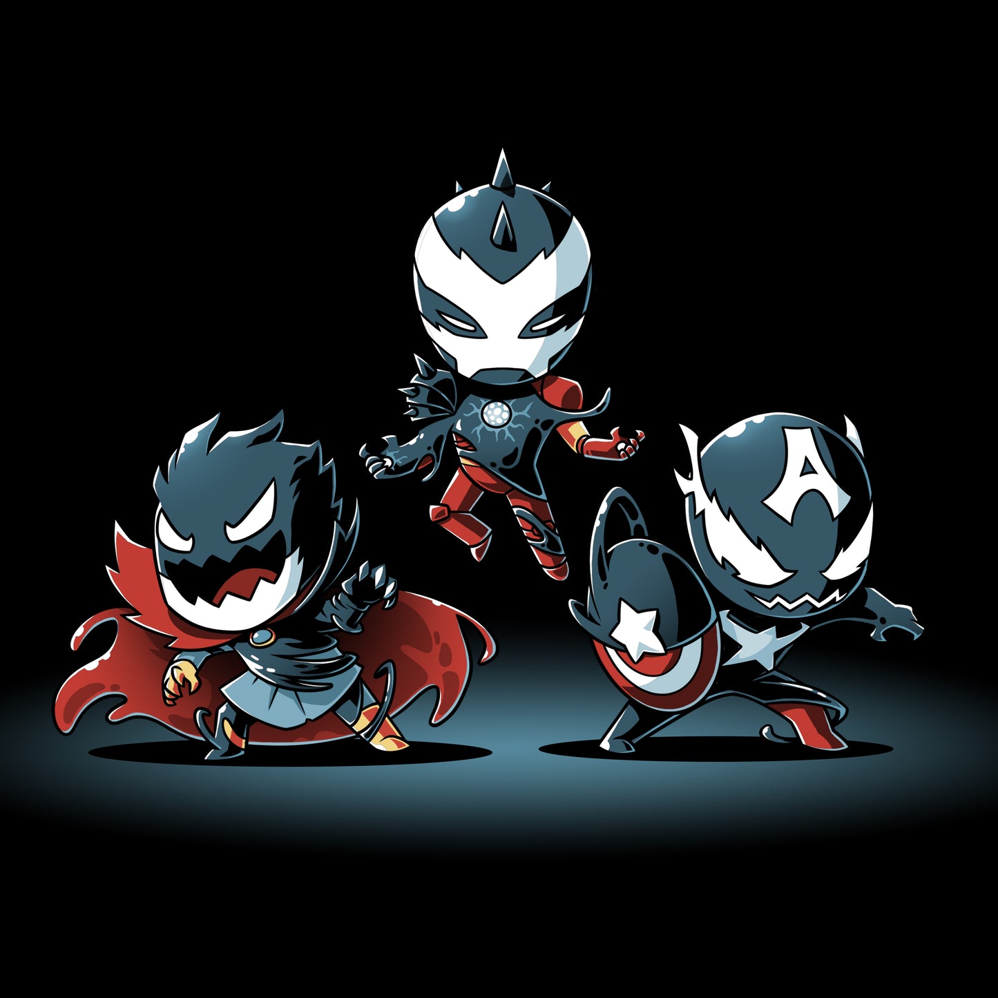 Three officially licensed Venomized Avengers characters standing on a dark background.