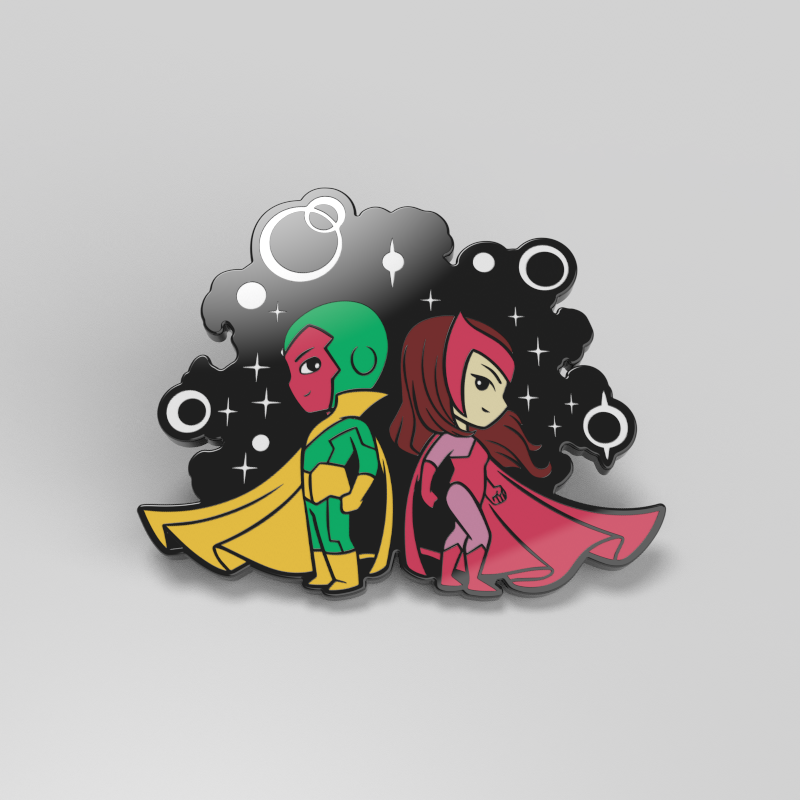 An officially licensed Marvel black and white enamel pin featuring Vision and Scarlet Witch.