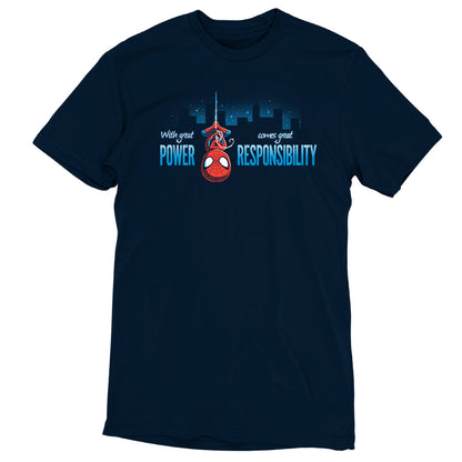 An officially licensed Marvel superhero quote t-shirt named "With Great Power Comes Great Responsibility.