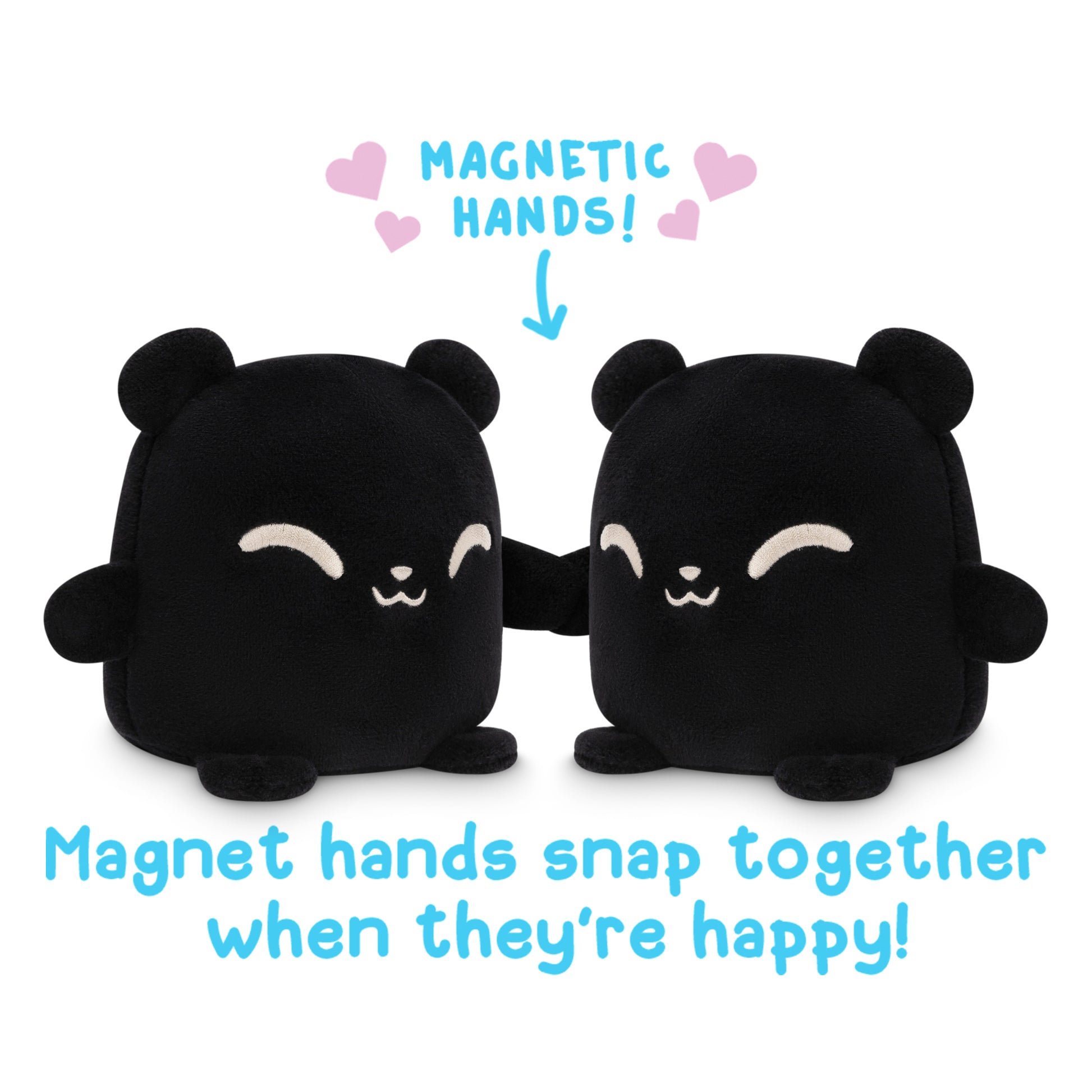 Two TeeTurtle Reversible Bear Plushmates (Black) with magnetic hands snap together when they're happy.