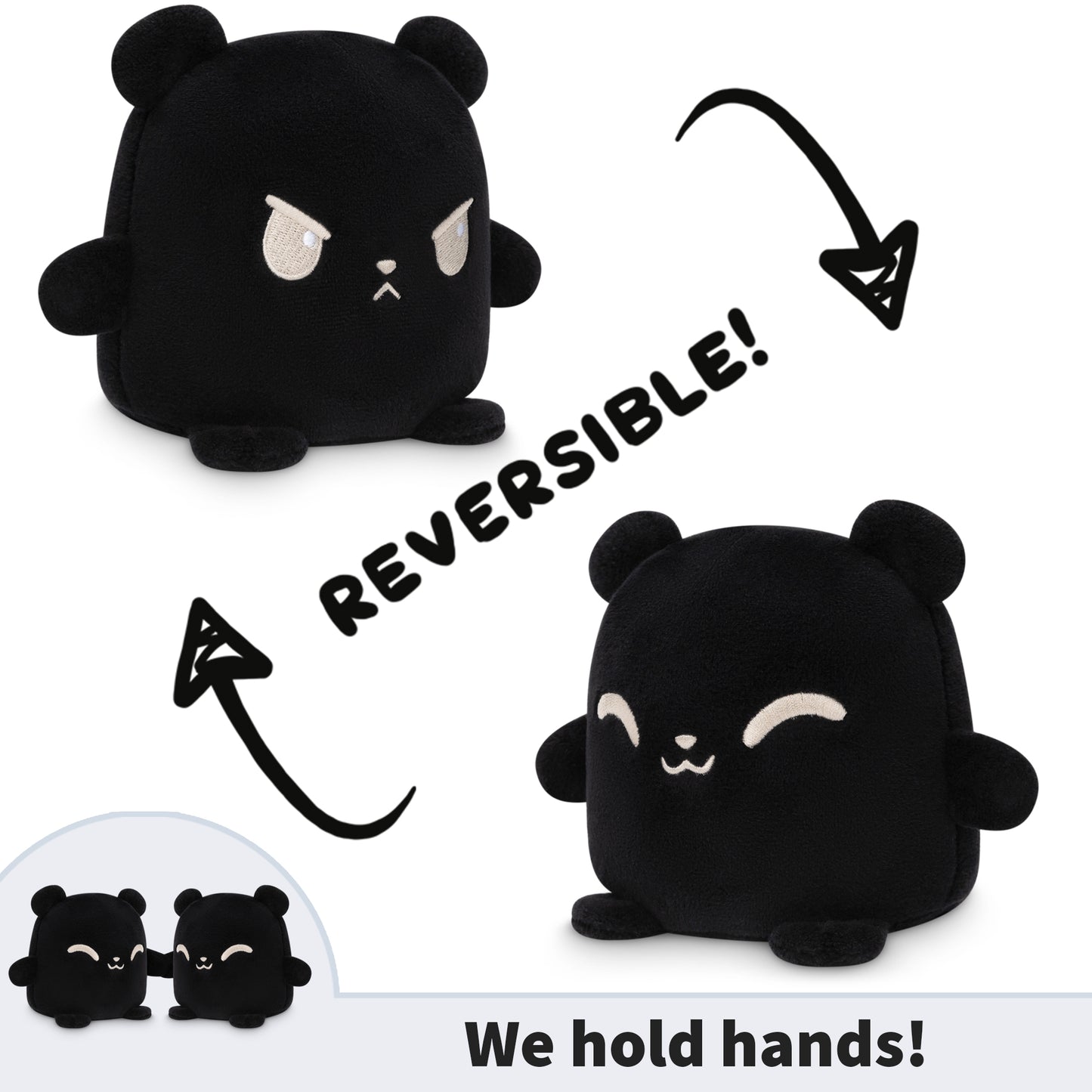 Two TeeTurtle Reversible Bear Plushmates (Black) that hold hands, available from TeeTurtle.