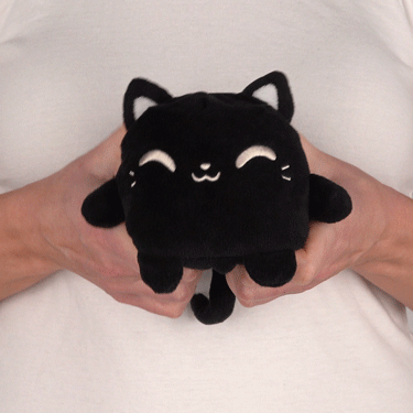 A person holding a TeeTurtle Reversible Cat Plushmate (Black) stuffed animal from the TeeTurtle Reversible Cat Plushmates collection.