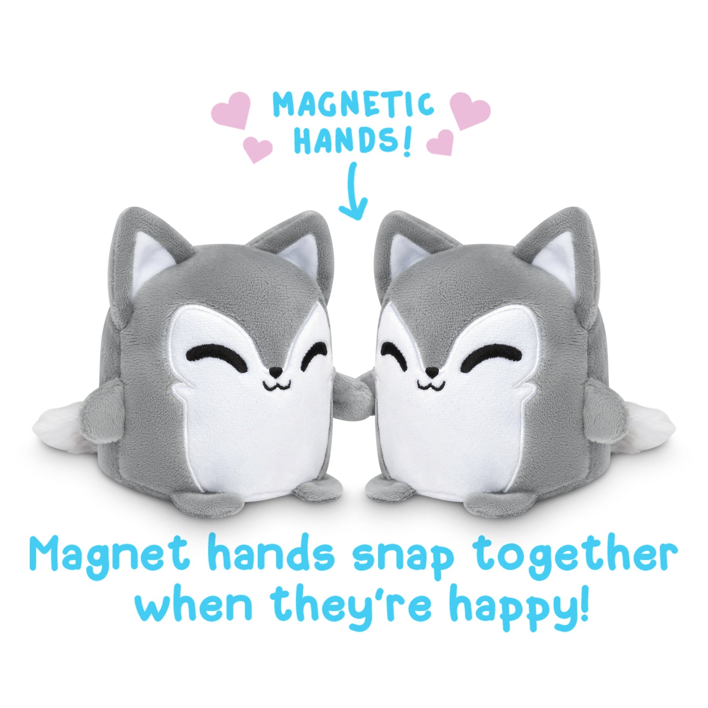 Two foxes, called TeeTurtle Reversible Wolf Plushmates, with magnetic hands that snap together when they're happy. These adorable plush toys from TeeTurtle are perfect for cuddling and play.