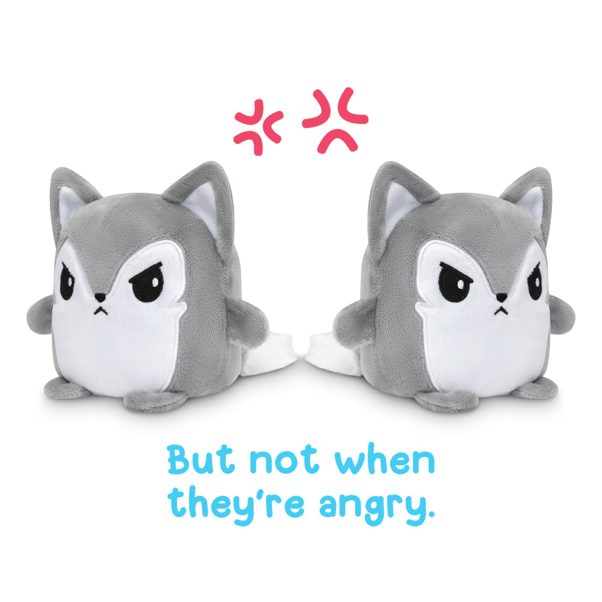 Two TeeTurtle Reversible Wolf Plushmate stuffed animals, but not when they're angry. These plush toys are perfect for someone who loves collecting unique and high-quality items.