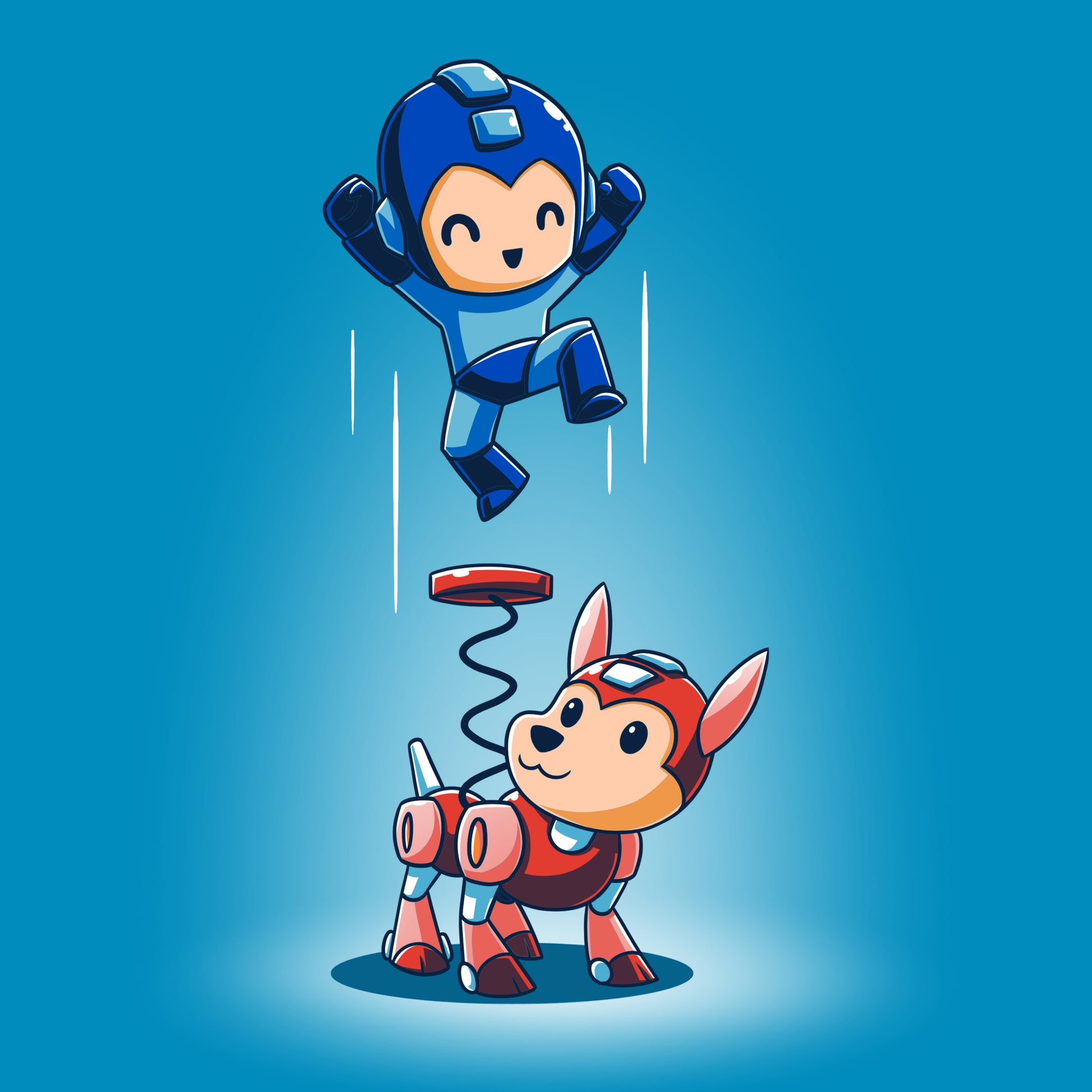 A Capcom Mega Man robot and a loyal dog named Rush Coil spring into action over a blue background.