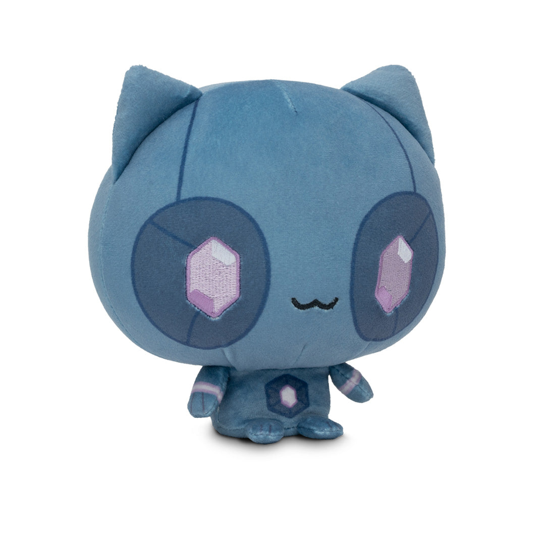 Cloudheads: 5" Mystic Moon (Quartz) - A blue cat plush toy with large dark blue eyes with pink gem-shaped crystals in the center, and a small black stitched smile, shown on a white background