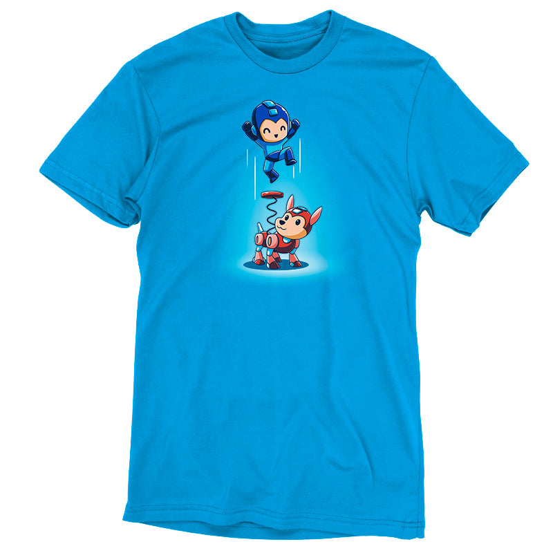 A blue t-shirt featuring Mega Man and Rush Coil, an officially licensed Capcom product.