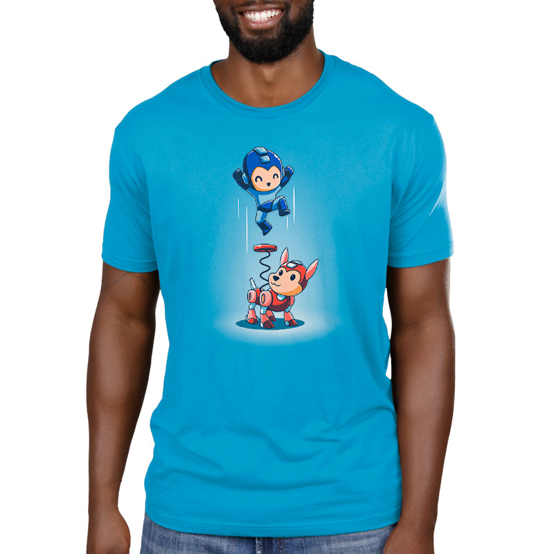 An officially licensed Capcom Mega Man and Rush Coil t-shirt featuring a cartoon character.
