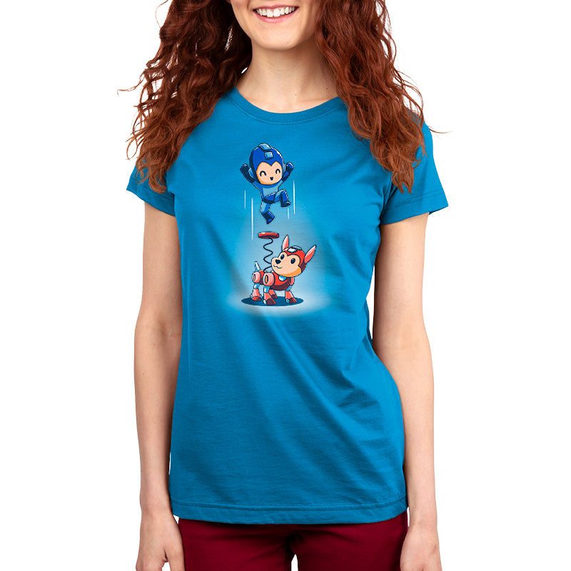 An officially licensed Capcom Mega Man and Rush Coil women's t-shirt with a cartoon character on it.